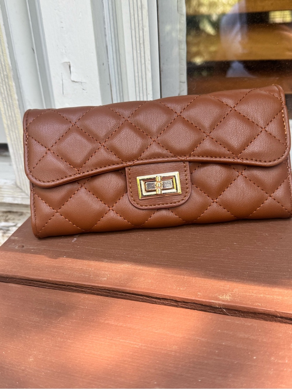 Quilted Brown quality vegan leather Wallet Clutch gold Turn-Lock hardware-NWOT